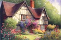 Traditional old English cottage in summer with colourful garden flowers Royalty Free Stock Photo