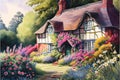 Traditional old English cottage in summer with colourful garden flowers Royalty Free Stock Photo