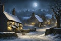 traditional old-fashioned english pub in a snow covered winter village at night with a glowing full moon