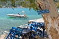 Traditional old Greek fishing boats. Sign reads: pleas do not fe Royalty Free Stock Photo