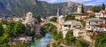 Traditional old houses and famous bridge in Mostar town,Bosnia and Herzegovina. Royalty Free Stock Photo