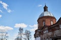 Traditional old russian church with domes in nature landscape. Architecture in the Orthodox religion Royalty Free Stock Photo