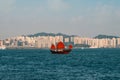 Traditional, old sailing boat on Victoria Harbour with skyline of Hong Kong Island Royalty Free Stock Photo