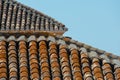 Traditional old Spanish ceramic roof tiles on a building, characteristic elements of Mediterranean architecture
