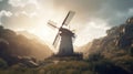 A traditional old stone mill on a hillside against the backdrop of beautiful mountains and a vibrant sunset sky