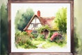 Traditional old English cottage house watercolor painting watercolour Royalty Free Stock Photo