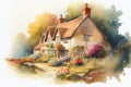 Traditional old English cottage house watercolor painting Royalty Free Stock Photo