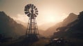 A traditional old wind generator on a hillside against the background of beautiful mountains and a bright sunset sky