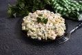 Traditional olivier salad menu rustic delicious food appetizer a dish preparation garnish