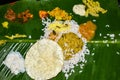 Traditional Onam Sadhya or Onam Feast. Traditional South Indian food served in Banana Leaf Royalty Free Stock Photo