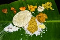 Traditional Onam Sadhya or Onam Feast. Traditional South Indian food served in Banana Leaf Royalty Free Stock Photo