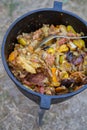 One pot dish done in a cast iron cauldron Royalty Free Stock Photo