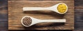 Popular healthy Asian and European cereals red lentil lens culinaris and bulgur in wooden culinary spoons