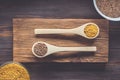 Popular healthy Asian and European cereals red lentil lens culinaris and bulgur in wooden culinary spoons