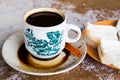 Traditional oriental Chinese coffee in vintage mug and hot buns Royalty Free Stock Photo