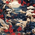 traditional oriental ethnic Asian Japanese pattern with a samurai man on red background in a fairy forest