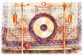 Traditional oriental gong on a beautiful ornamental background. Painting effect.