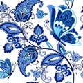 Traditional oriental seamless paisley pattern. Vintage flowers ornament with butterflies in blue colors. Decorative Royalty Free Stock Photo