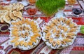 Traditional oriental sweets baklava, cakes, jam put on plates on a table. Meals served during celebrating great islamic