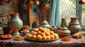 Traditional oriental sweets and ornate pottery on an embroidered tablecloth. Concept of cultural dessert spread, artisan