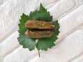 Traditional oriental Turkish dolma made of grape leaves stuffed with rice and meat, lies on a green leaf Royalty Free Stock Photo