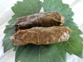 Traditional oriental Turkish dolma made of grape leaves stuffed with rice and meat, lies on a green leaf Royalty Free Stock Photo