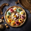Traditional oriental Turkish sweets on a decorative plate on a dark background Royalty Free Stock Photo