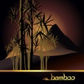 Traditional oriental vector ink landscape with bamboo, sunrise, sunset, mountain peaks on a dark background. Vector