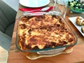 Traditional Original Classic Homemade Lasagna with Ground Beef and Bechamel Sauce in Glass Bowl