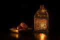 Traditional ornamental arabic candle in dark light.