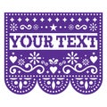 Papel Picado vector template design with sample text, purple Mexican paper cut out decoration with flowers and geometric shapes -