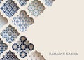 Traditional ornamental blue arabic tiles, patterns through cut out arabesque window. Greeting card, invitation. Muslim