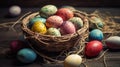 Orthodox Easter. Easter dotted eggs in a wicker basket on wooden table. Selective focus Royalty Free Stock Photo