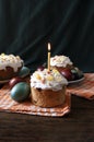 Traditional Orthodox Easter bread the kulich, russian food, religion, painted eggs, candle. Delicious. Royalty Free Stock Photo