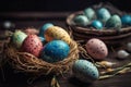 Traditional Orthodox Easter. Easter dotted eggs in a wicker basket on wooden table. Selective focus Royalty Free Stock Photo