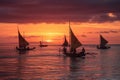 Traditional outrigger canoes gliding across glassy azure waters under a crimson and violet sunset, with sailing crews at the ready Royalty Free Stock Photo