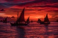 Traditional outrigger canoes gliding across glassy azure waters under a crimson and violet sunset, with sailing crews at the ready Royalty Free Stock Photo