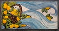 Painting on ceramics - yellow Amalfi lemons in a wicker basket against the background of blue waves of the sea Royalty Free Stock Photo