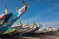 Traditional painted wooden fishing boat in Djiffer, Senegal. West Africa Royalty Free Stock Photo