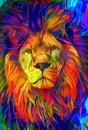 Traditional painting style of a male lion head. Vivid colors.