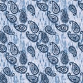 Seamless pattern of blue paisley on a grunge background