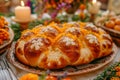 Traditional Pan de Muerto Bread Decorated with Sugar and Sesame Seeds for Day of the Dead Celebration