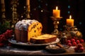 Traditional panettone with christmas decoration on wooden table