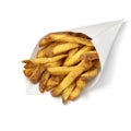 Traditional paper bag with fresh baked French peel potato fries on white background