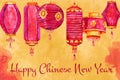 Traditional paper lanterns on the bottom of the page. Chinese New Year design template. Hand drawn watercolor sketch illustration