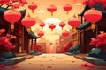 Traditional paper red lanterns on street of China. Celebrating Chinese New Year with traditional lanterns and garlands Royalty Free Stock Photo