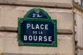 Traditional Parisian street sign with \'Place de la Bourse\' written on it, Paris, France