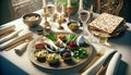 Traditional passover seder table close-up with ceremonial items