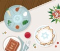 Traditional passover table for Passover dinner with passover plate and Hagaddah story. vector illustration template