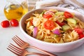 Traditional pasta salad, close up table scene Royalty Free Stock Photo